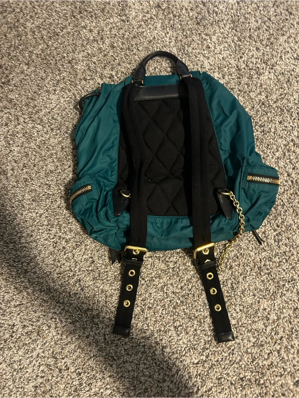 Burberry Green Nylon Backpack with Black Leather Trim and Gold Hardware